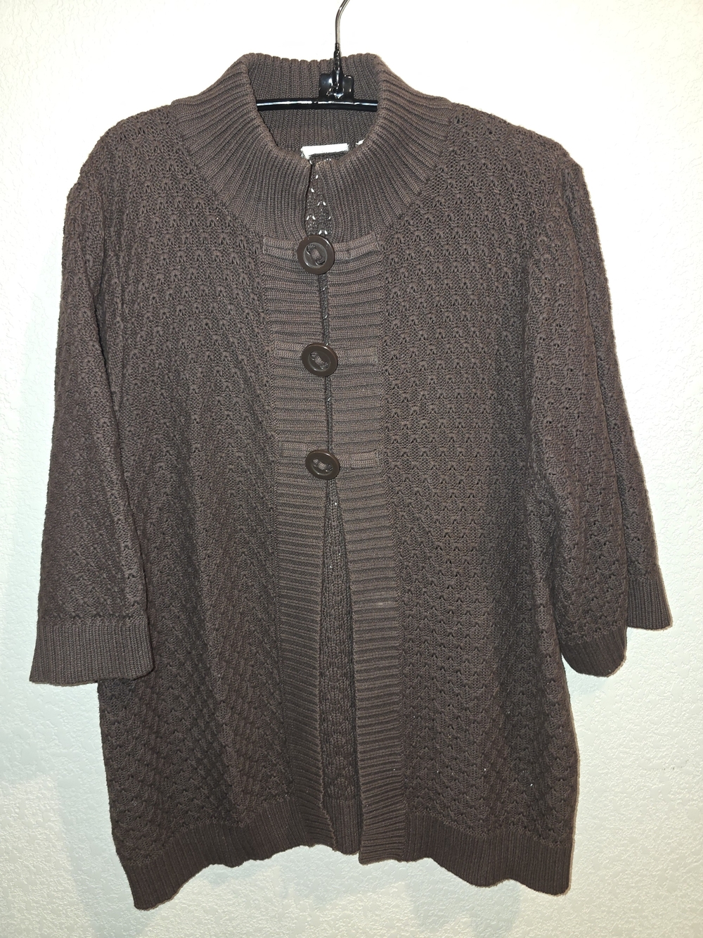 Women's Brown 100% Cotton Textured Open Knit Mock Neck Cardigan Sweater